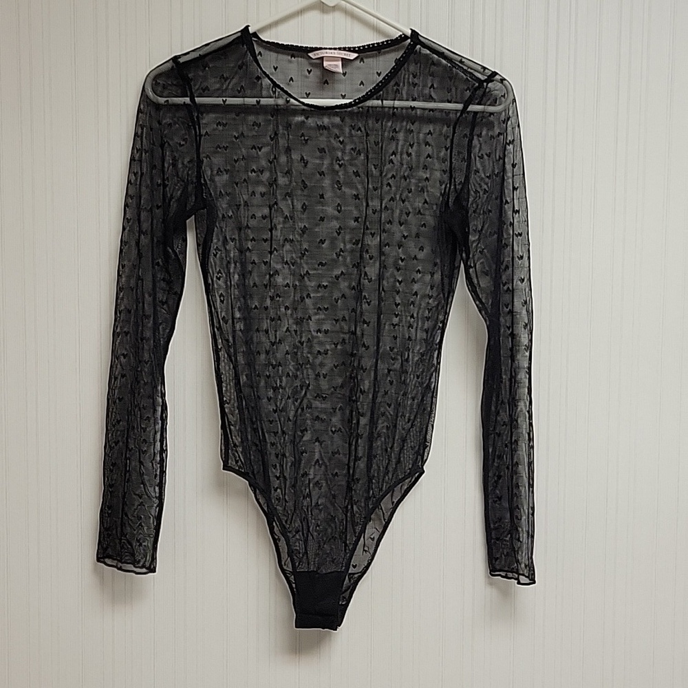 Victoria's Secret black heart sheerlong sleeve bodysuit women's sz small